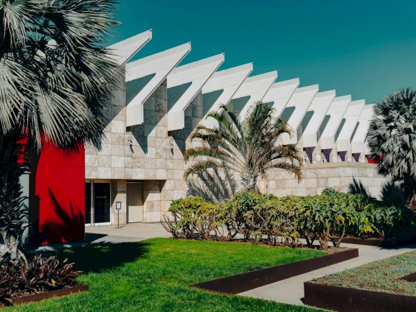 A modern building with angular white roof panels, palm trees, blue sky, and a red doorway &mdash; a sunny architectural scene.