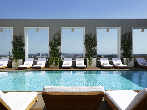 A luxurious rooftop pool area with white lounge chairs, potted trees, glass walls, a clear blue pool, and a bright skyline view.